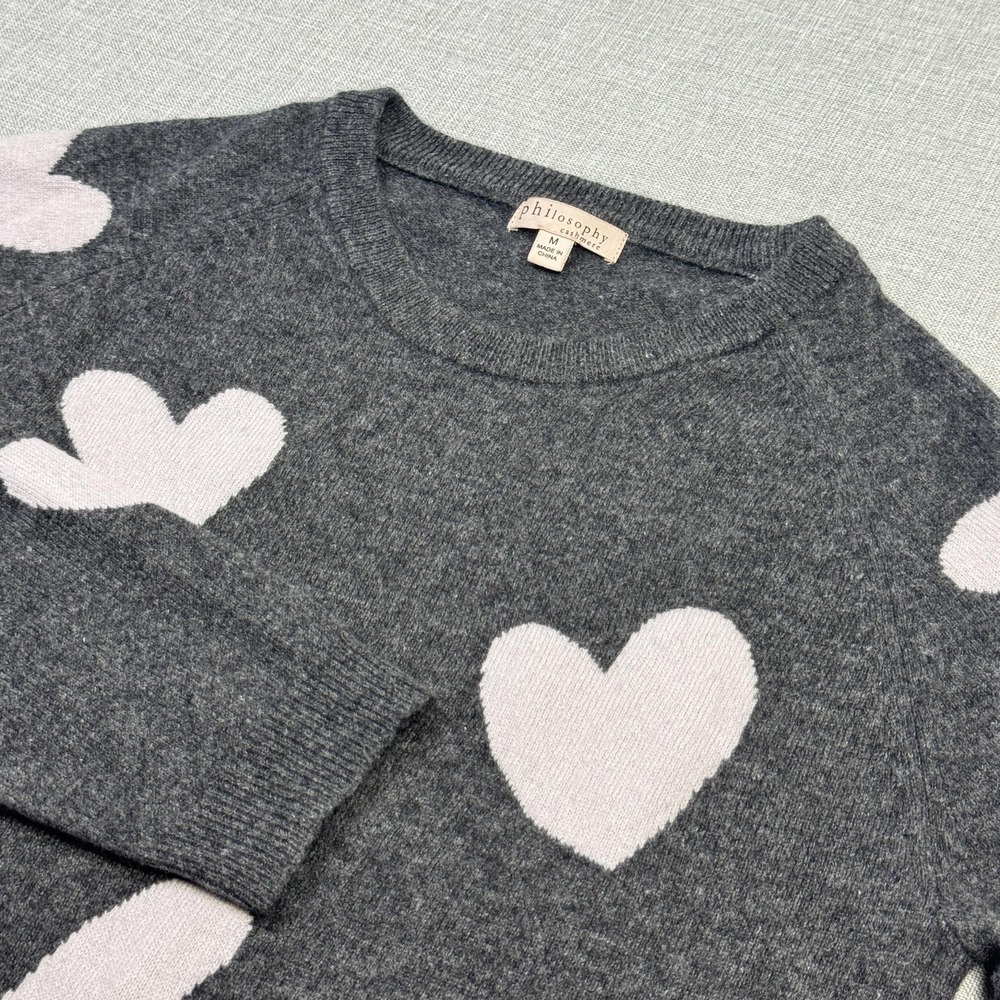 Philosophy Cashmere Heart Sweater‎ Pullover Womens Medium Gray Crew Neck